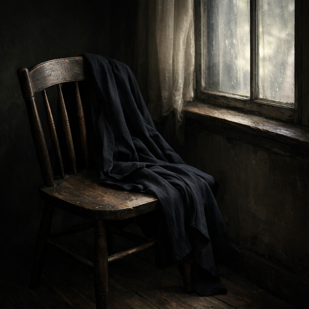 Worn wooden chair with black fabric draped, next to a foggy window with sheer curtains